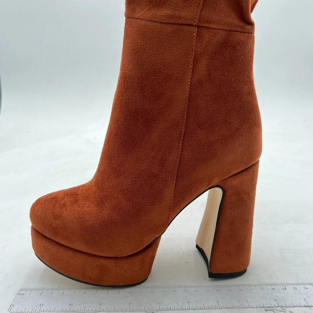 Brown Women Platform Pointed Toe Side Zip Chunky High Heel Over Knee Boots